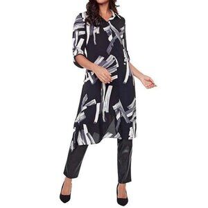 Compli K Black White Brushstroke Artsy Lagenlook Boho Midi ShirtDress Tunic